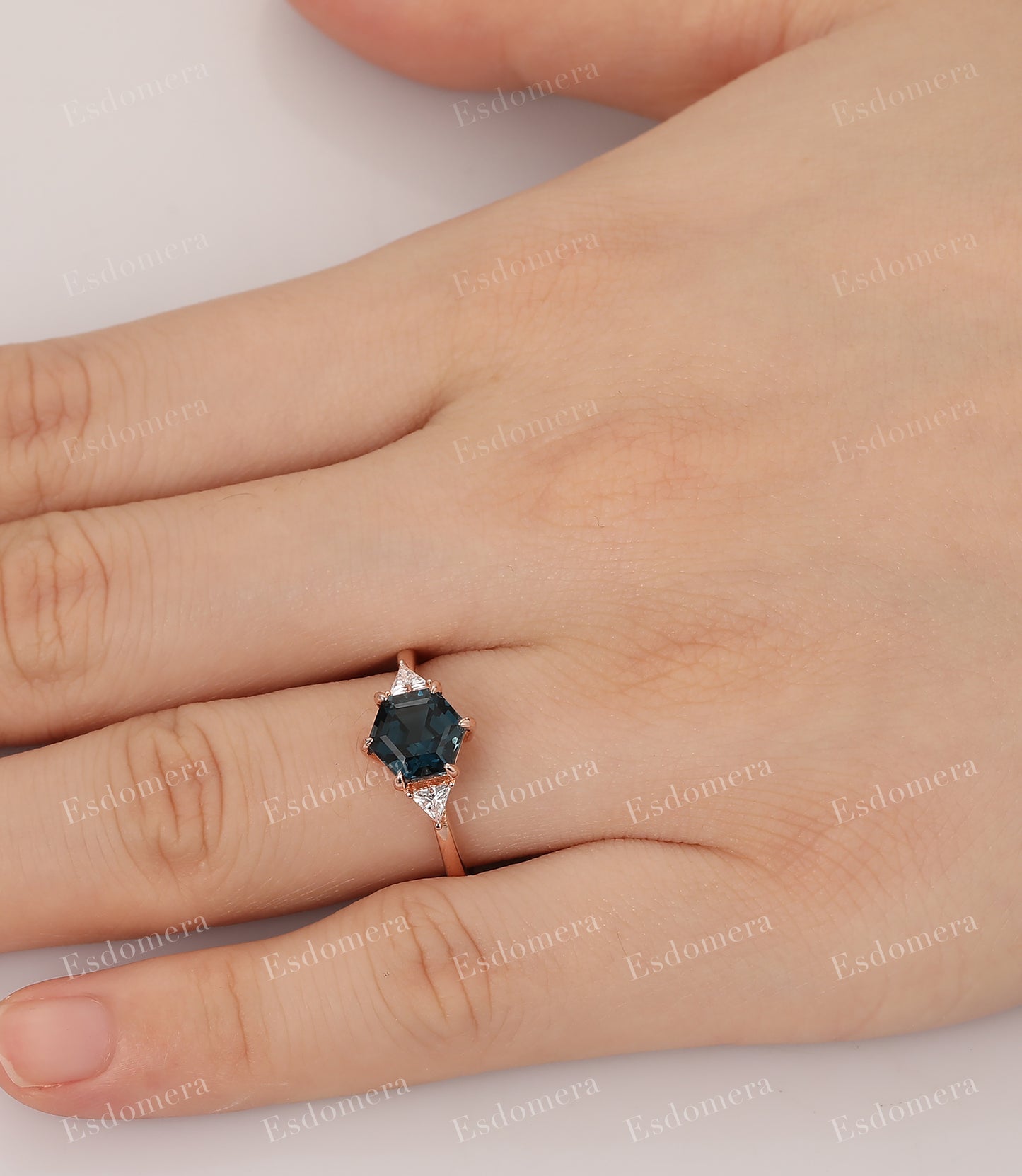 Hexagon Cut 7x7mm London Blue Topaz Wedding Ring, Moissanite Engagement Ring