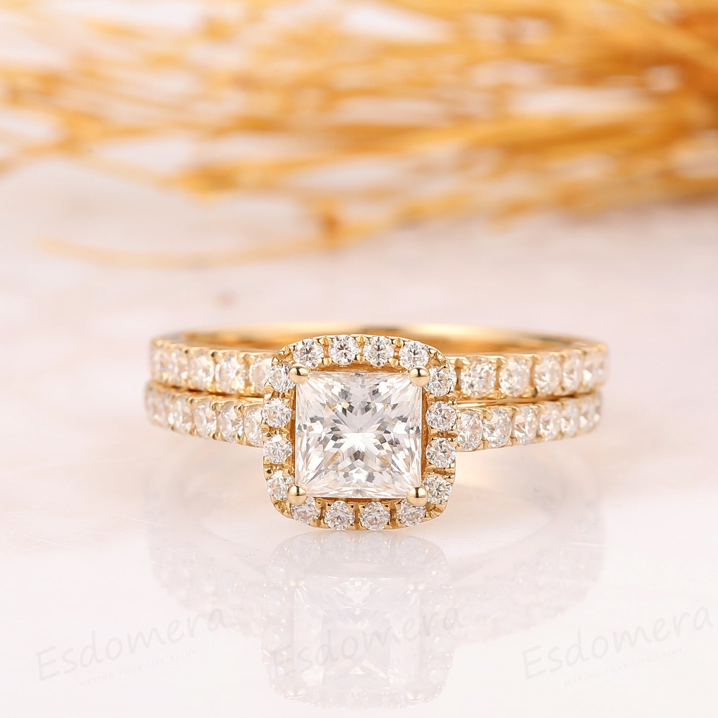 Halo Princess Cut 5mm Moissanite Ring, 14k White Gold Ring, Bridal Set