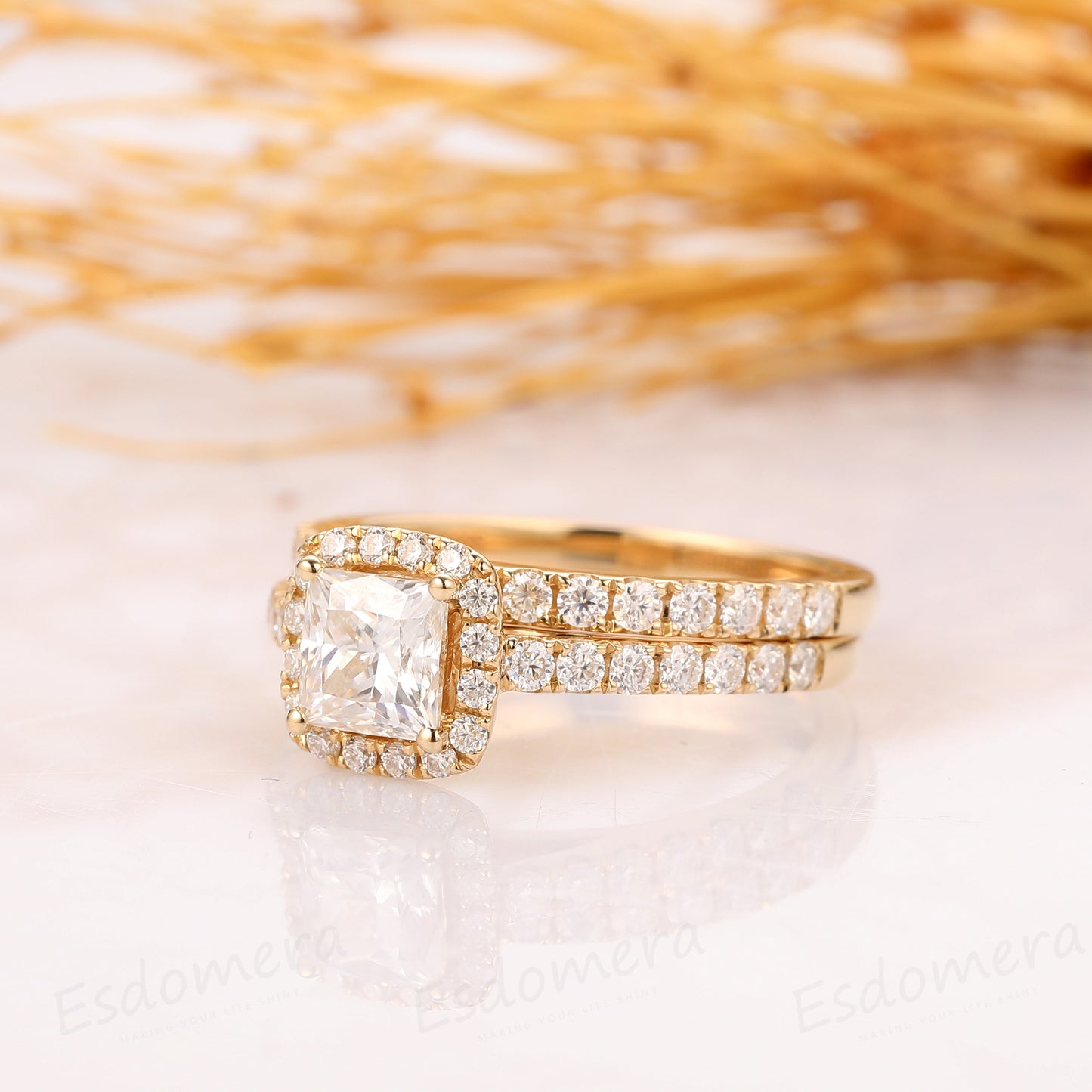Halo Princess Cut 5mm Moissanite Ring, 14k White Gold Ring, Bridal Set