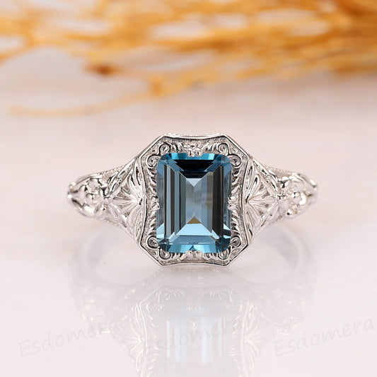 Emerald Cut 2CT London Topaz Ring, 14k White Gold Engagement Ring