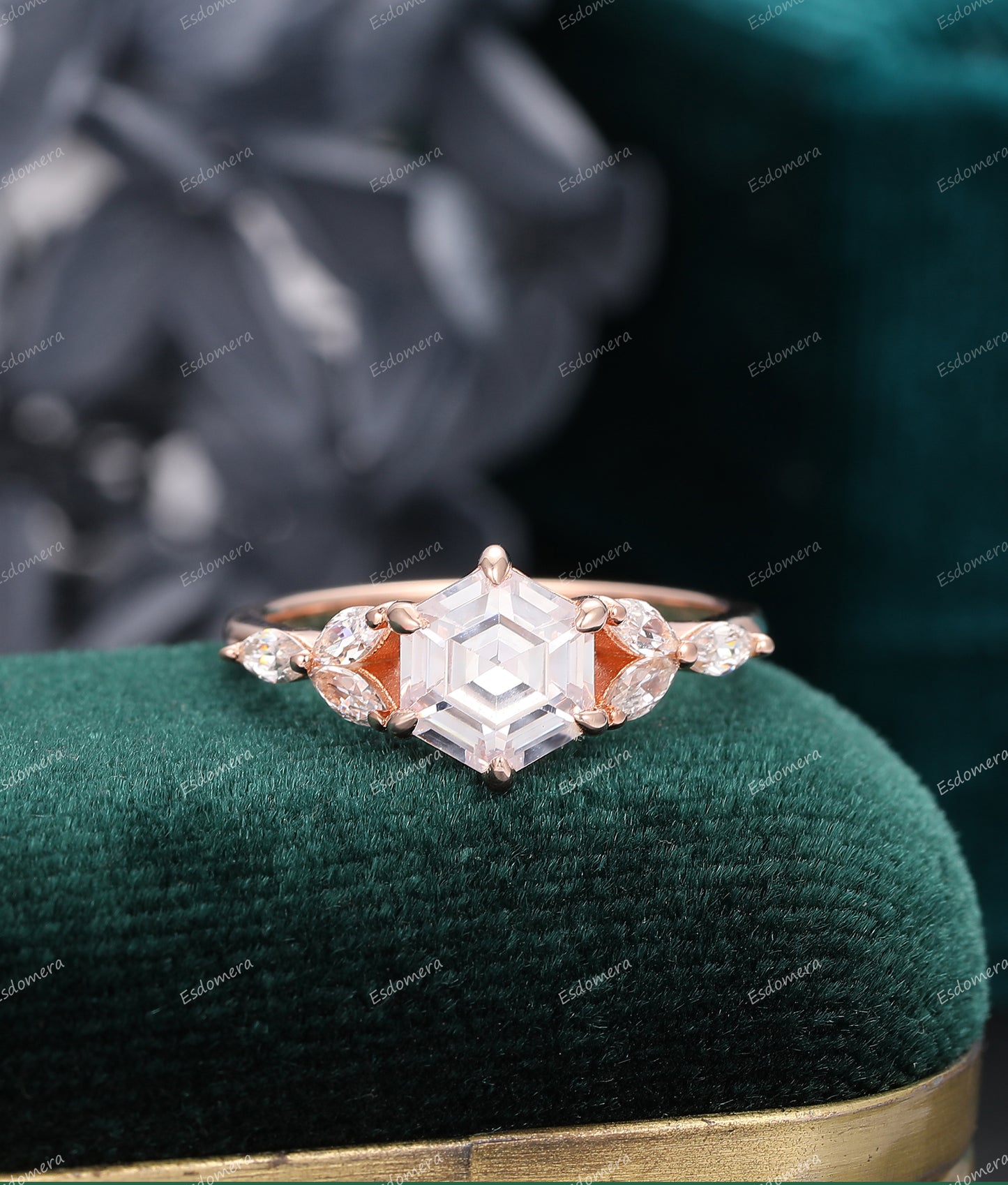 Esdomera 1.35CT Hexagon Moissanite Engagement Ring, 7 Stone Moissanite Ring,14k Rose Gold Cluster Ring, Anniversary Promise Ring For Her