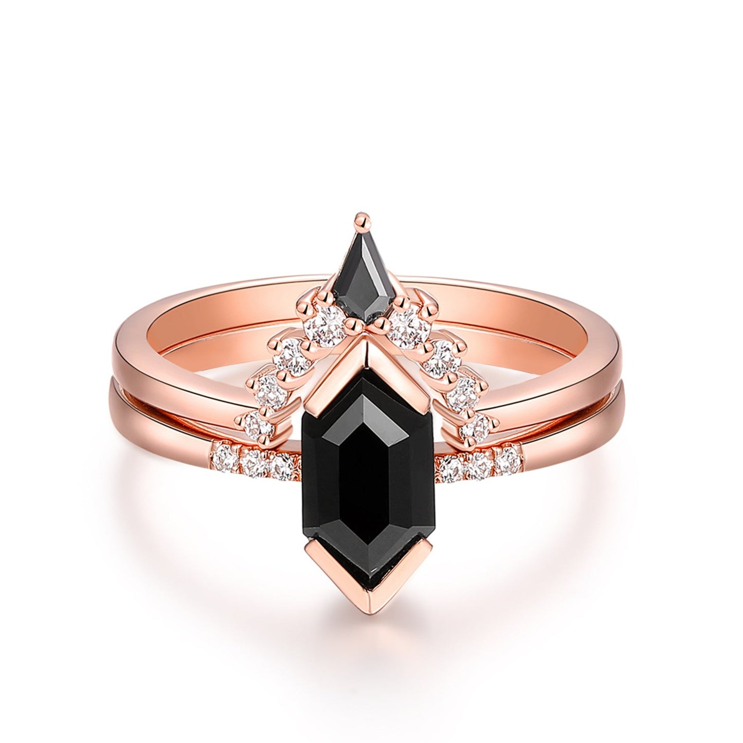 Long Hexagon Cut 5x9mm Black Onyx Engagement Ring, Women Vintage Gemstone Bridal Jewelry