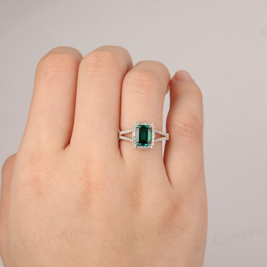 2.00CT Emerald Cut Emerald Ring, Split Shanks Halo Moissanite Ring, 14k Yellow Gold Ring