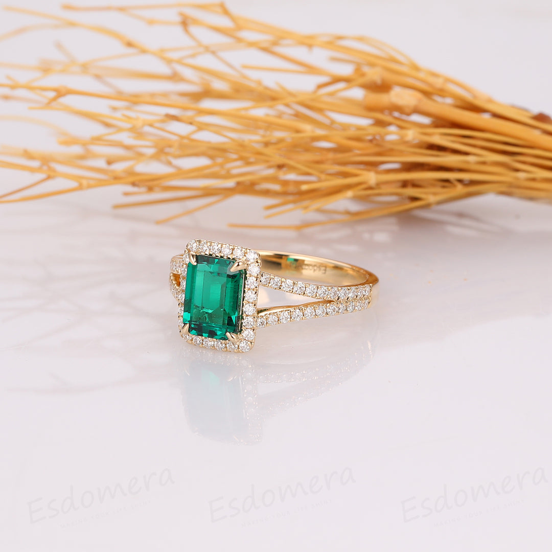 2.00CT Emerald Cut Emerald Ring, Split Shanks Halo Moissanite Ring, 14k Yellow Gold Ring