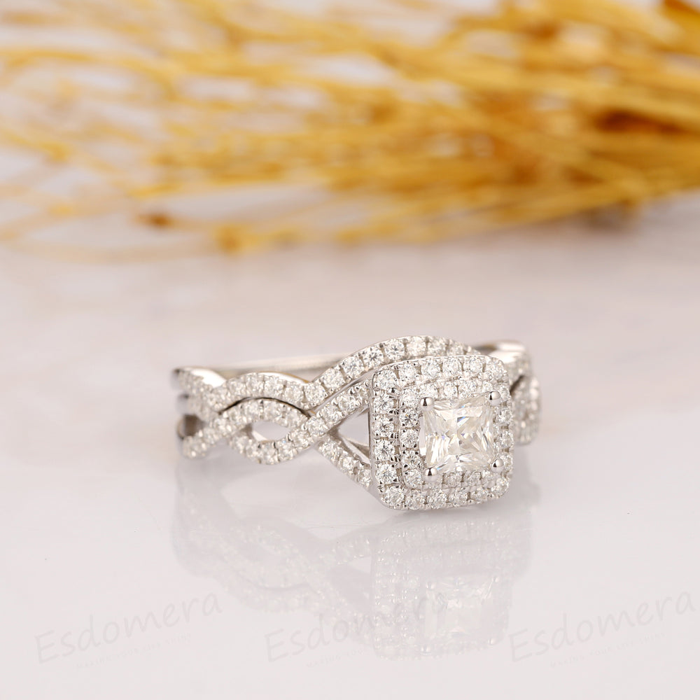 4mm Princess Cut Moissanite Engagement Ring, 14K White Gold Bridal Ring Set