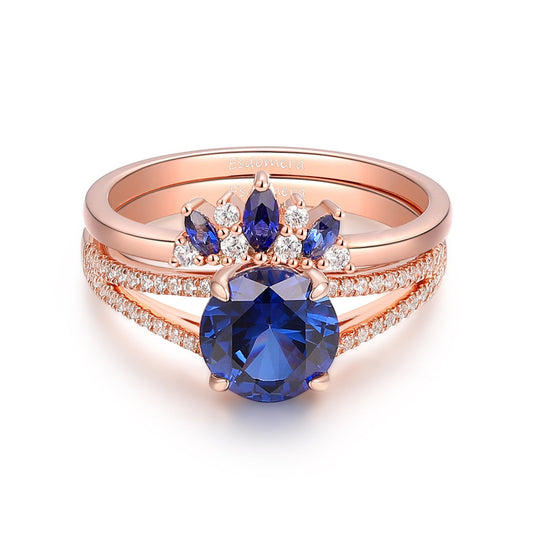 Round Cut 1.5CT Sapphire Bridal Ring Set, Art Deco Moissanite Engagement Ring, Split Shank Design