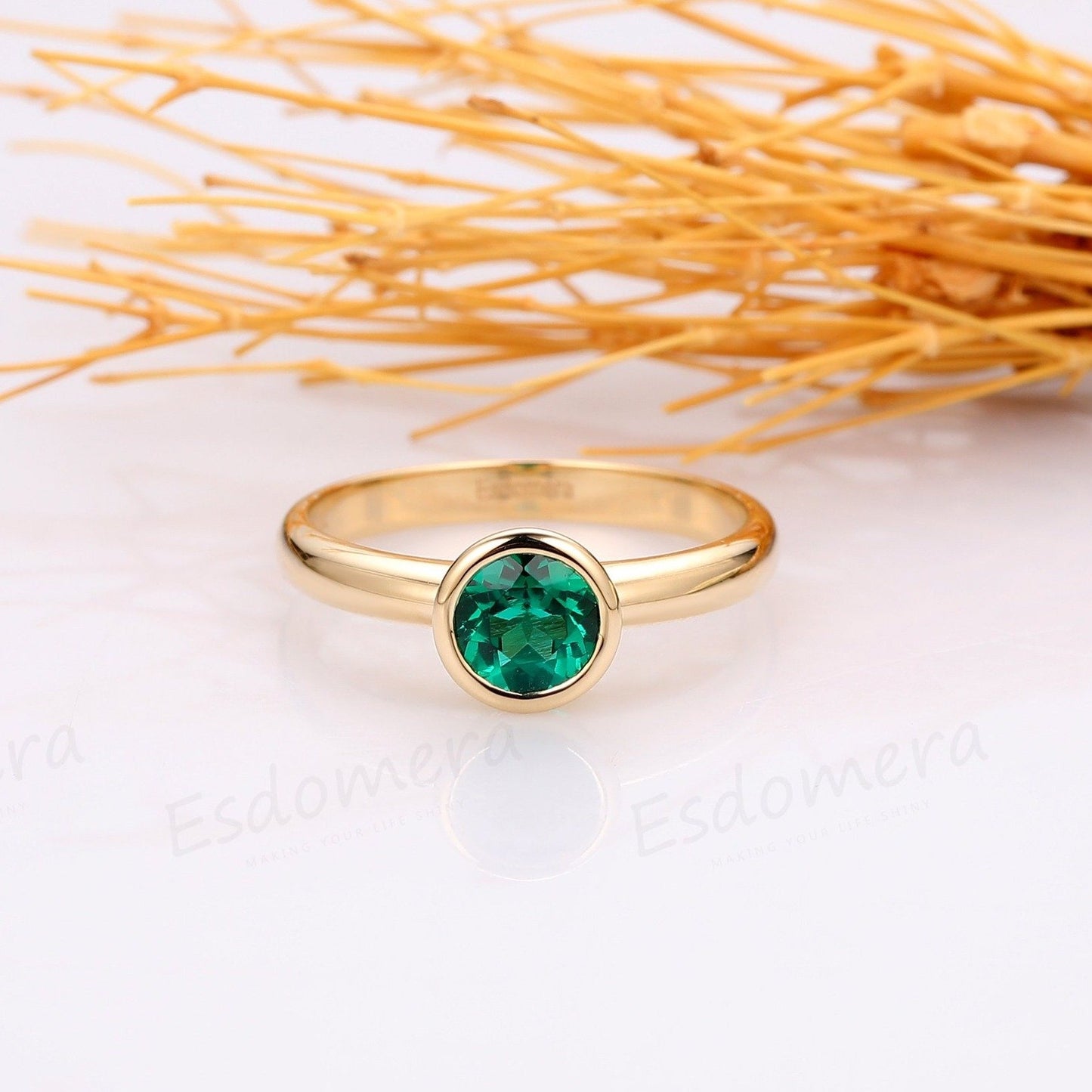6mm Emerald Ring, Solitaire 14k Yellow Gold May Birthstone Engagement Ring
