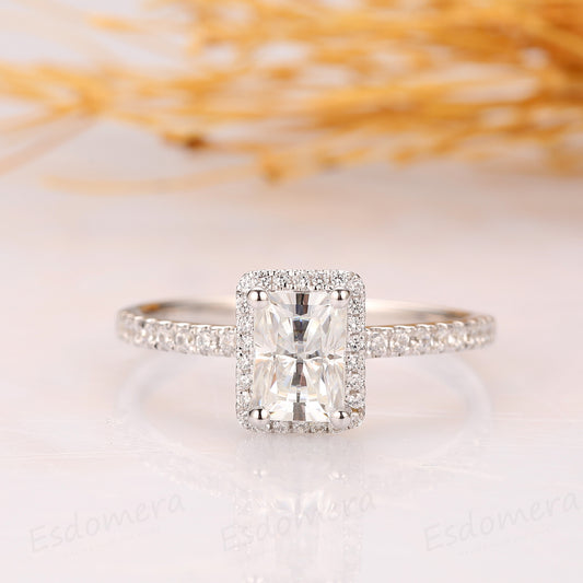925 Sterling Silver - Radiant Cut 5x7mm Halo Pave Moissanite Ring