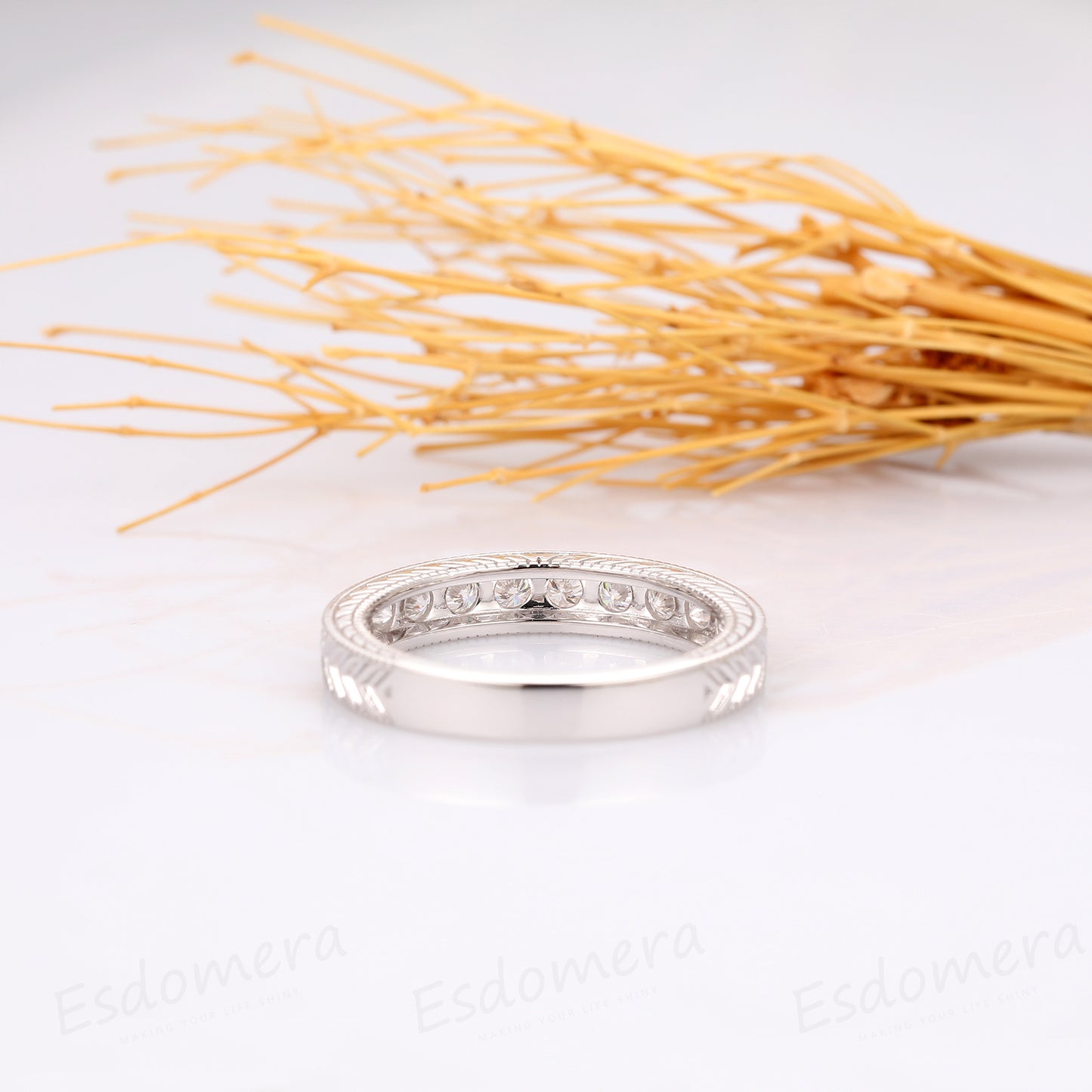 Antique Filigree Moissanite Ring, Arrow Design Wedding Band