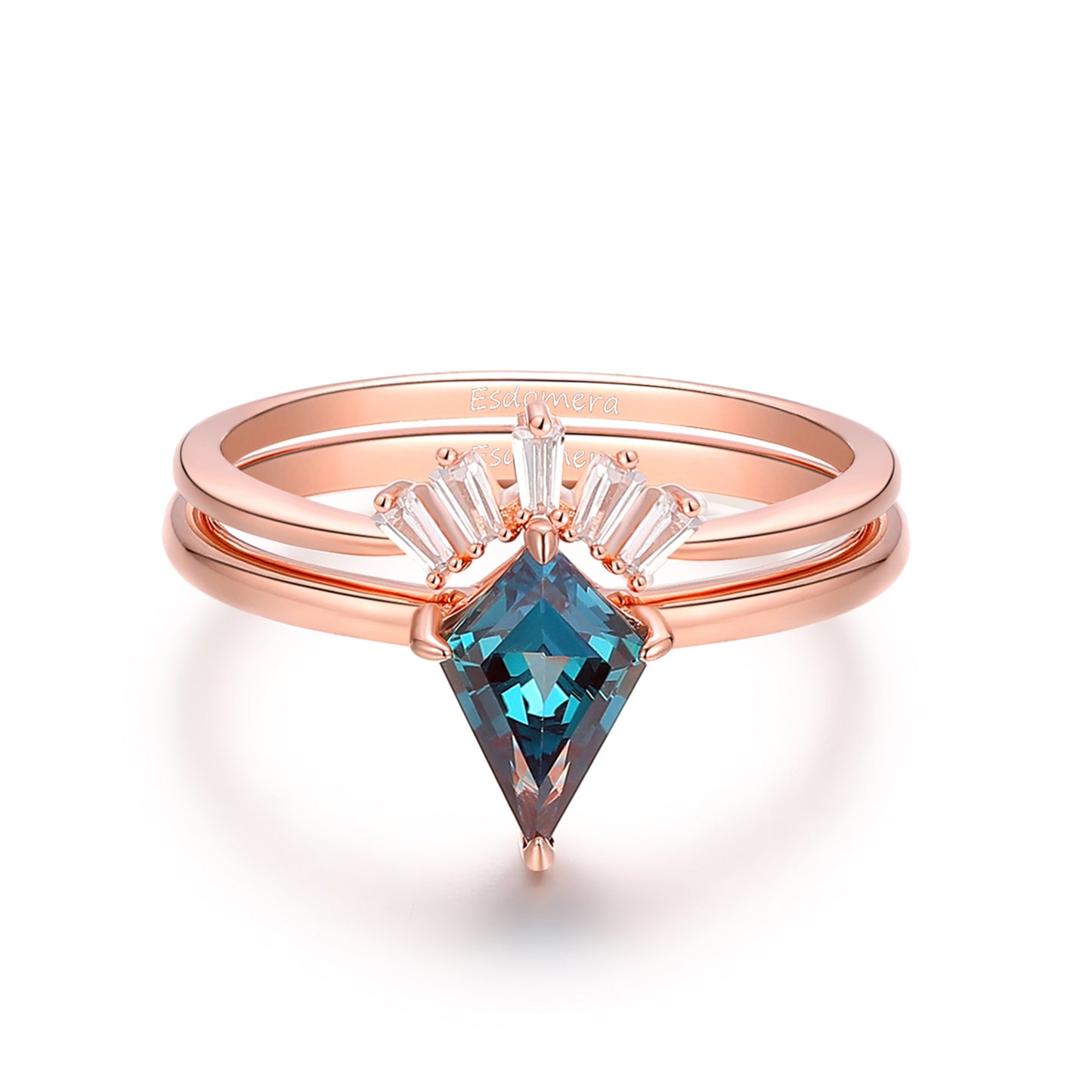 Unique Kite Cut 1.35CT Alexandrite Engagement Ring Set, Moissanite Wedding Band, Color Changing Ring Set