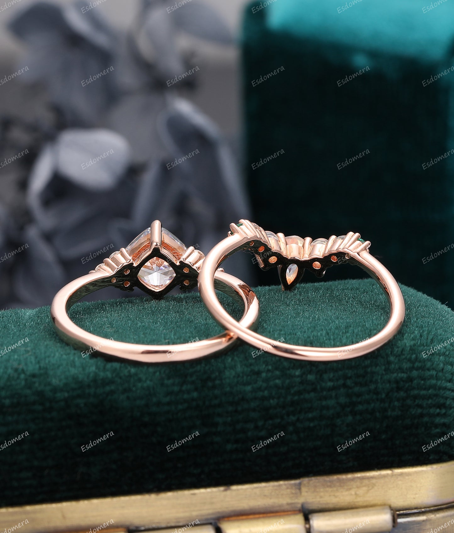Vintage Ring Set, Cushion Cut 6mm Moissanite Promise Ring, Moonstone Wedding Band, Anniversary Ring Set For Women