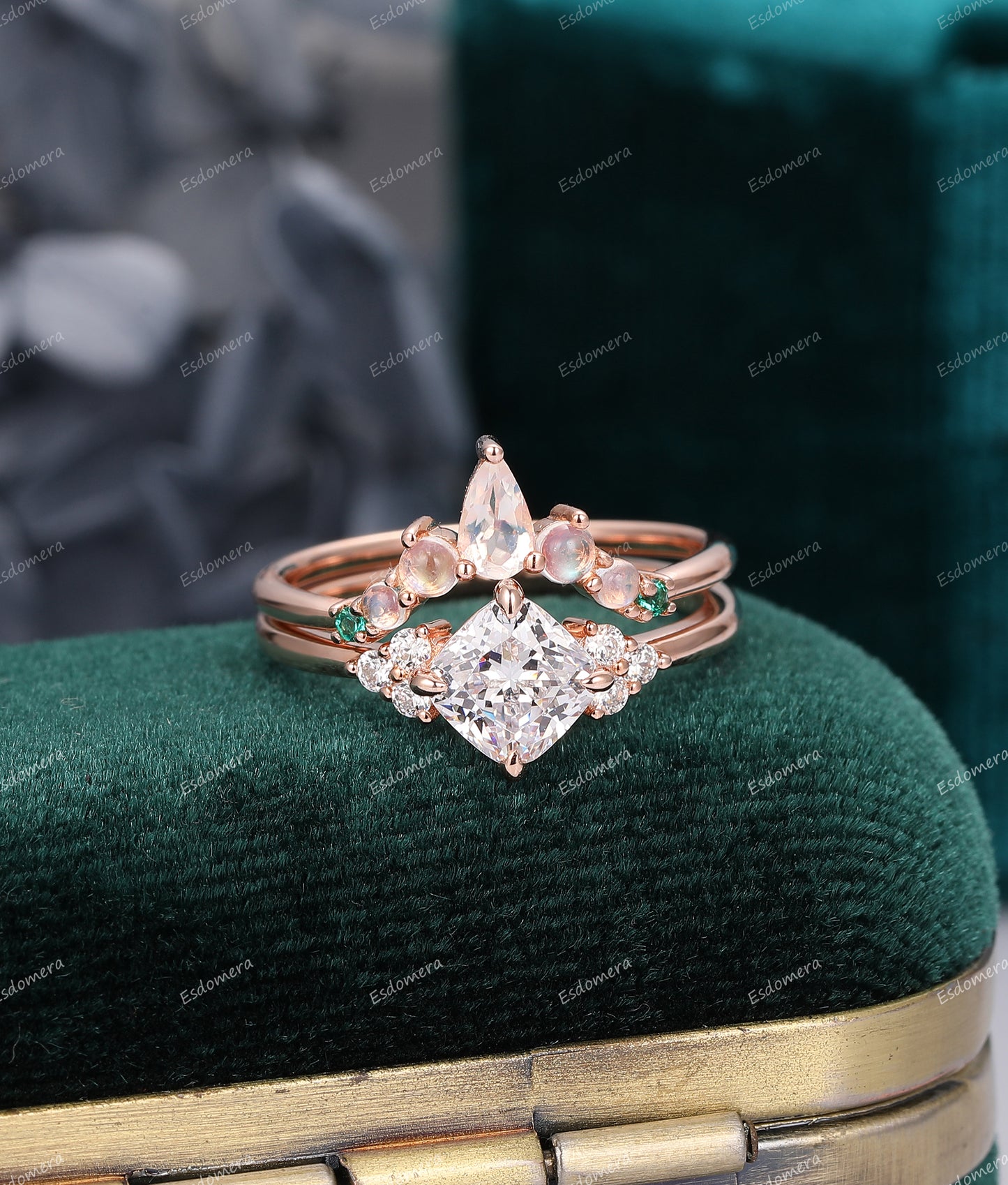 Vintage Ring Set, Cushion Cut 6mm Moissanite Promise Ring, Moonstone Wedding Band, Anniversary Ring Set For Women