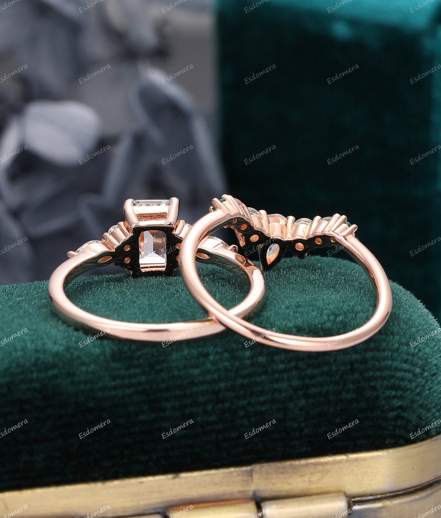 Unique Engagement Ring Set, Emerald Cut 1CT Moissanite Engagement Ring, Art Deco Moonstone Matching Ring