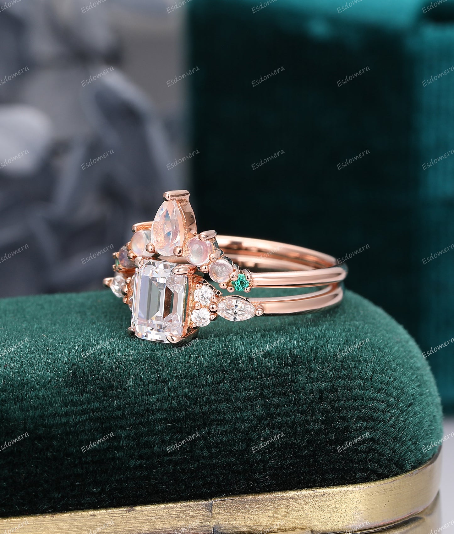Unique Engagement Ring Set, Emerald Cut 1CT Moissanite Engagement Ring, Art Deco Moonstone Matching Ring
