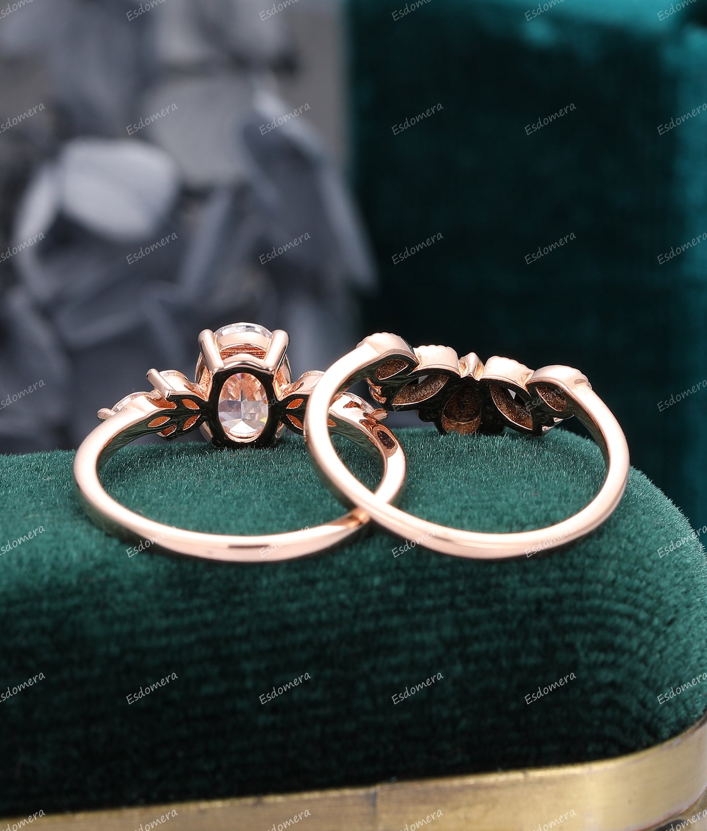 6x8mm Oval Moissanite Engagement Ring, Black Zircon Wedding Band, Bridal Ring Set, Vintage Art Deco Ring Set