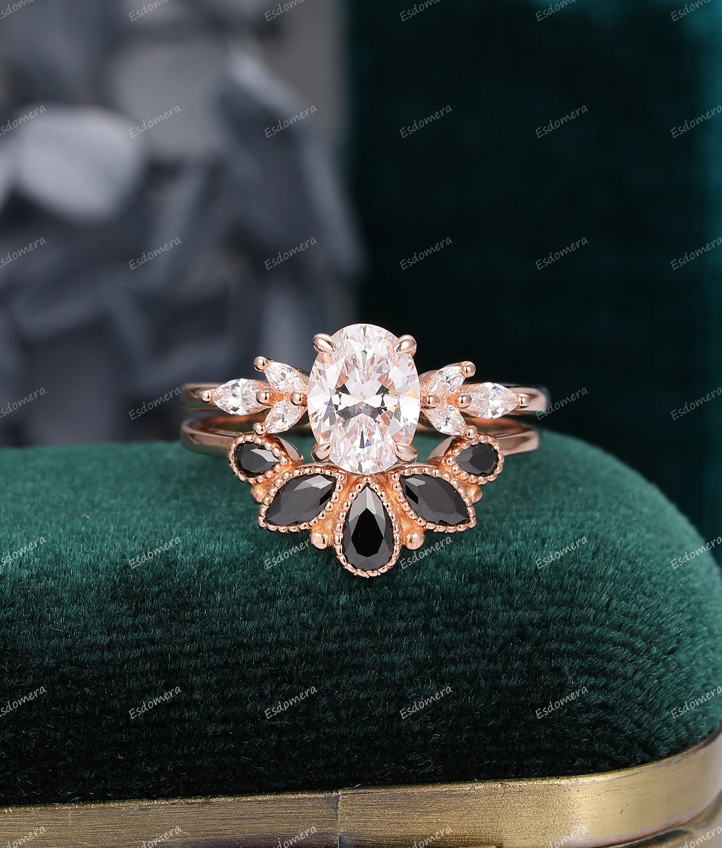6x8mm Oval Moissanite Engagement Ring, Black Zircon Wedding Band, Bridal Ring Set, Vintage Art Deco Ring Set