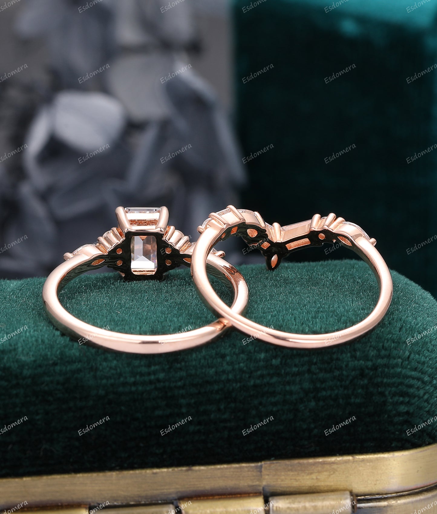 Bridal Set, Emerald Cut 1CT Moissanite Engagement Ring,14k Rose Gold Anniversary Ring, Curved Shaped Matching Band