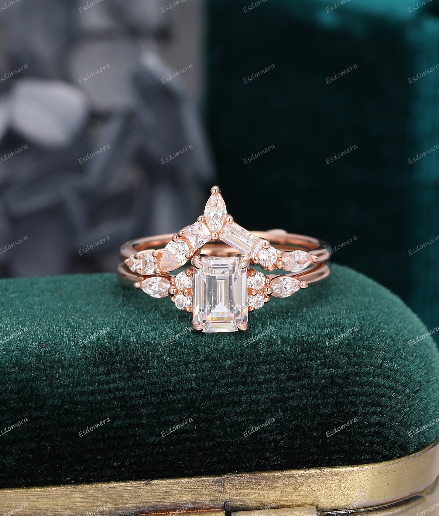 Bridal Set, Emerald Cut 1CT Moissanite Engagement Ring,14k Rose Gold Anniversary Ring, Curved Shaped Matching Band