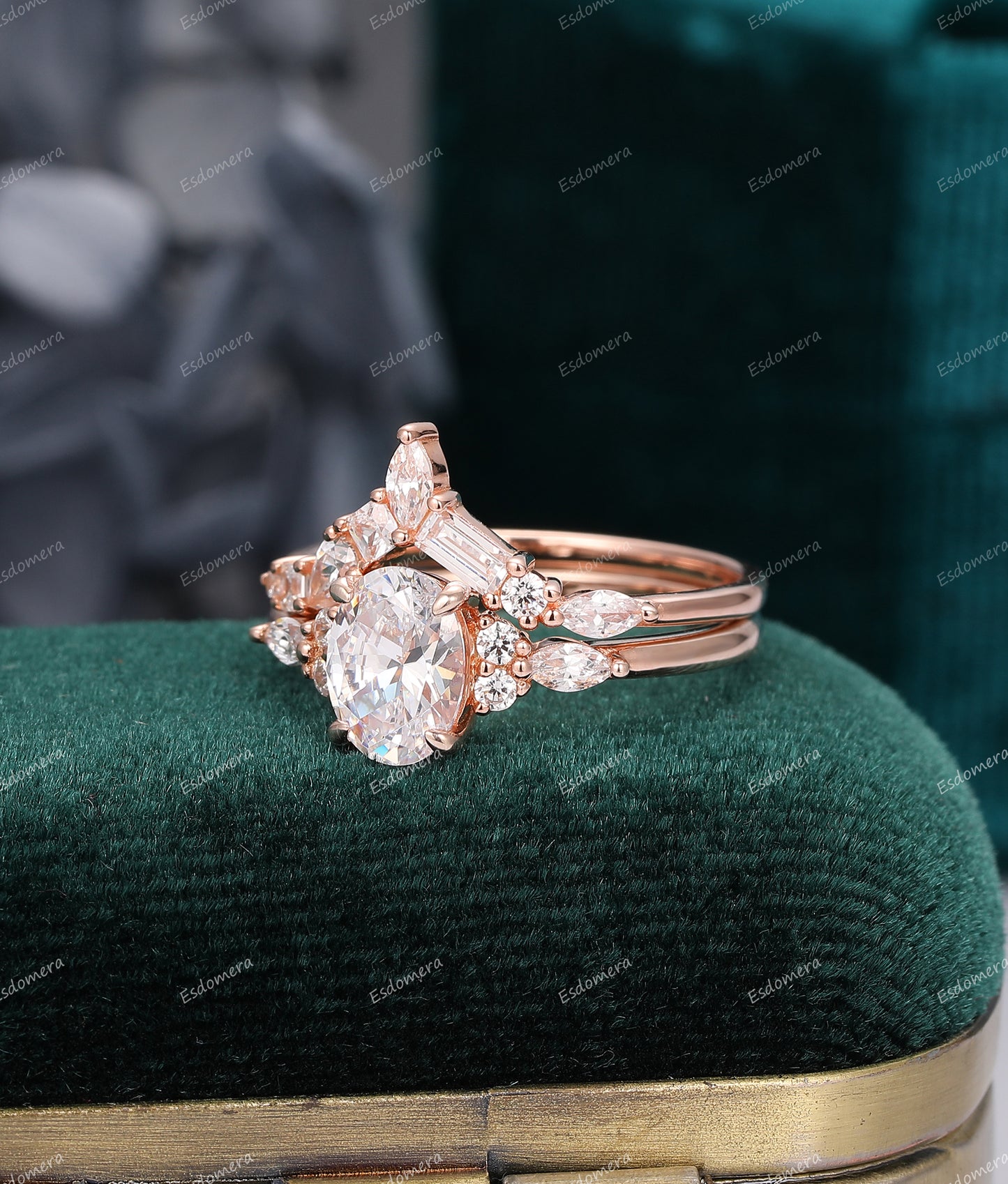 14K Rose Gold Oval Cut 6x8mm Moissanite Engagement Ring Set, Moissanite Cluster Ring, Unique Stacking Band, Bridal Ring Set