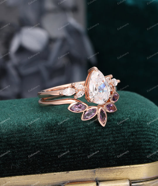 Pear Cut 1.50CT Moissanite Engagement Ring Set Natural Amethyst Wedding Band