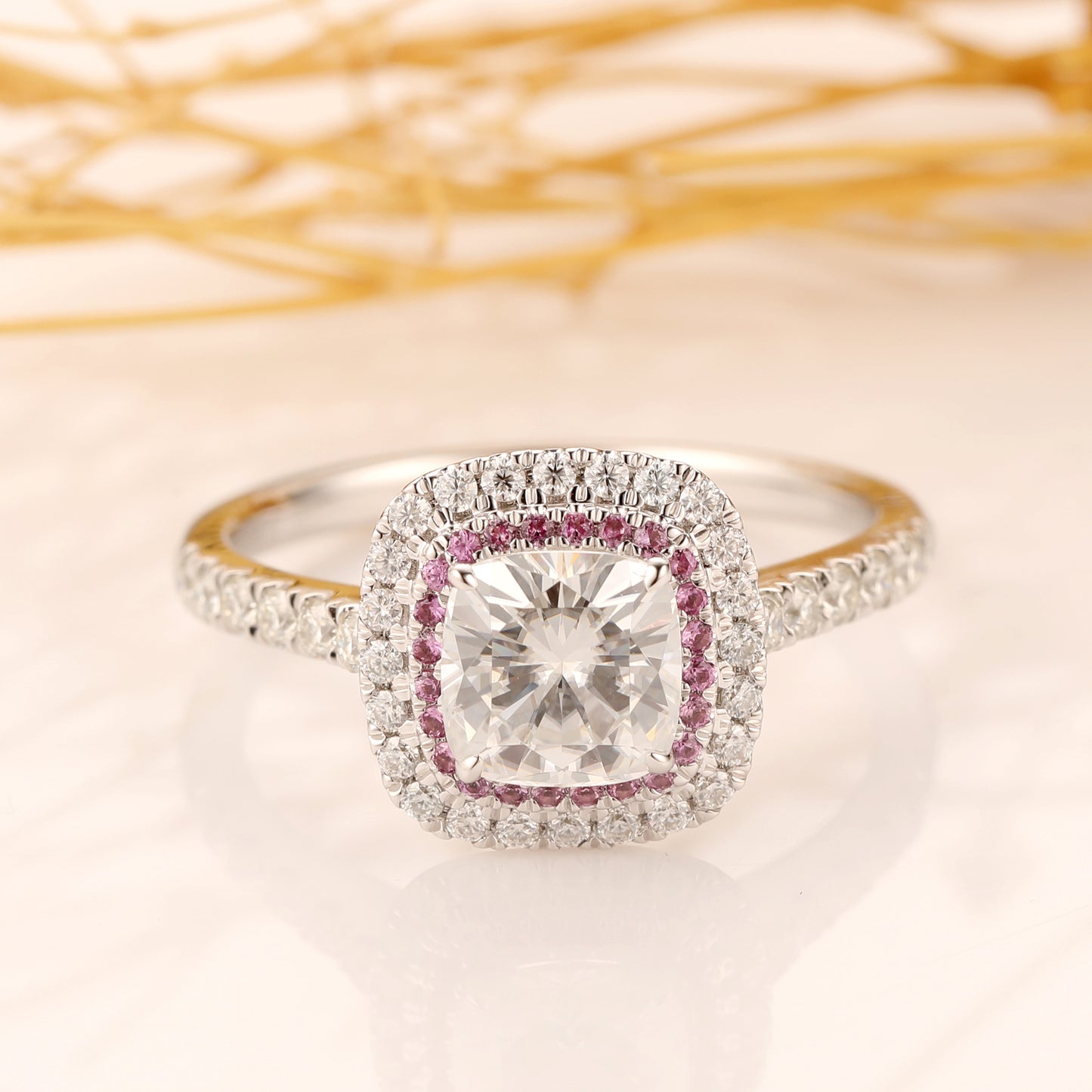 Cushion Cut 1.5ct Esdomera Moissanites Double Halo Pink Pave Set Accents Ring, 14K Solid Gold Engagement Ring, Wedding Ring