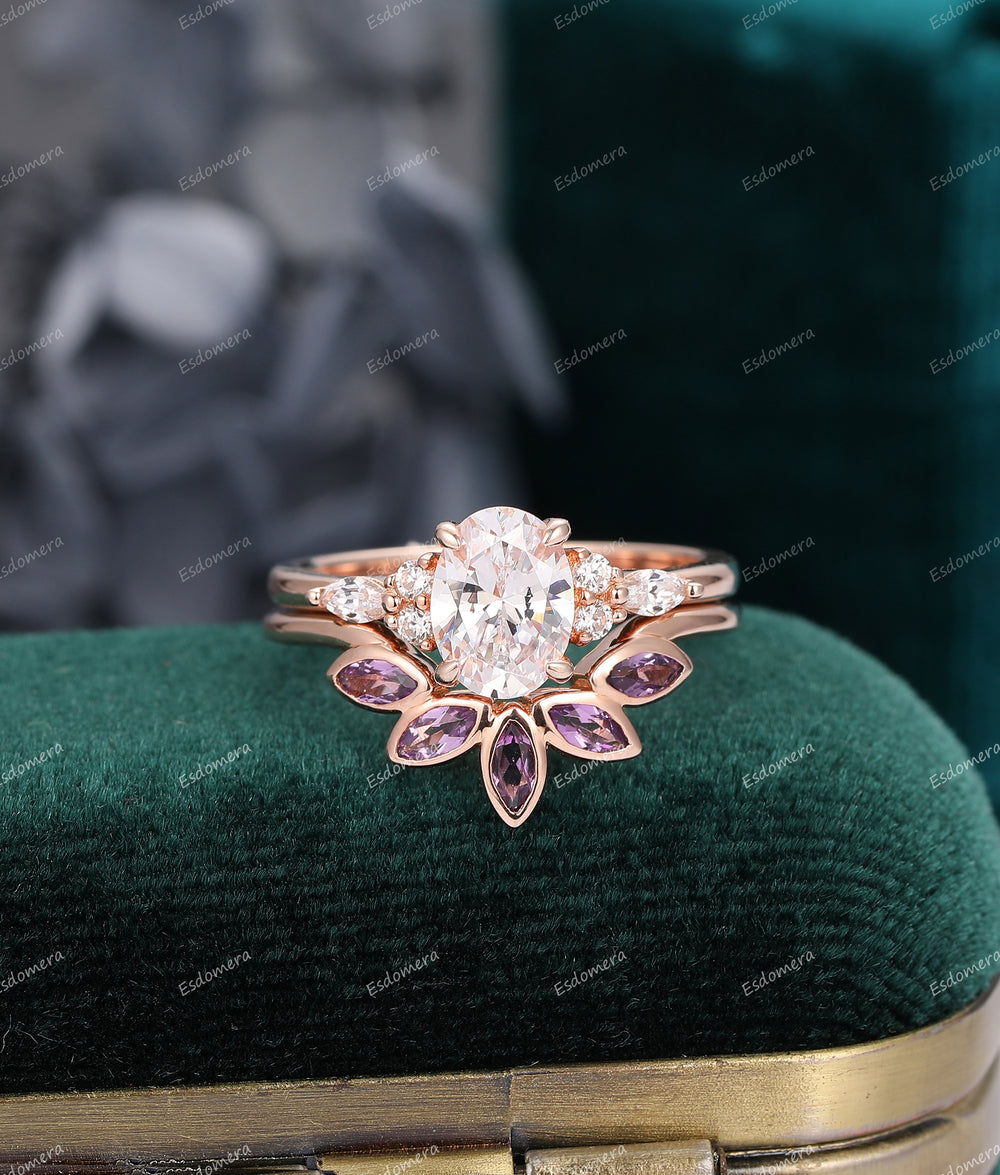 Oval Cut Moissanite Engagement Ring Set Art Deco Natural Amethyst Wedding Band