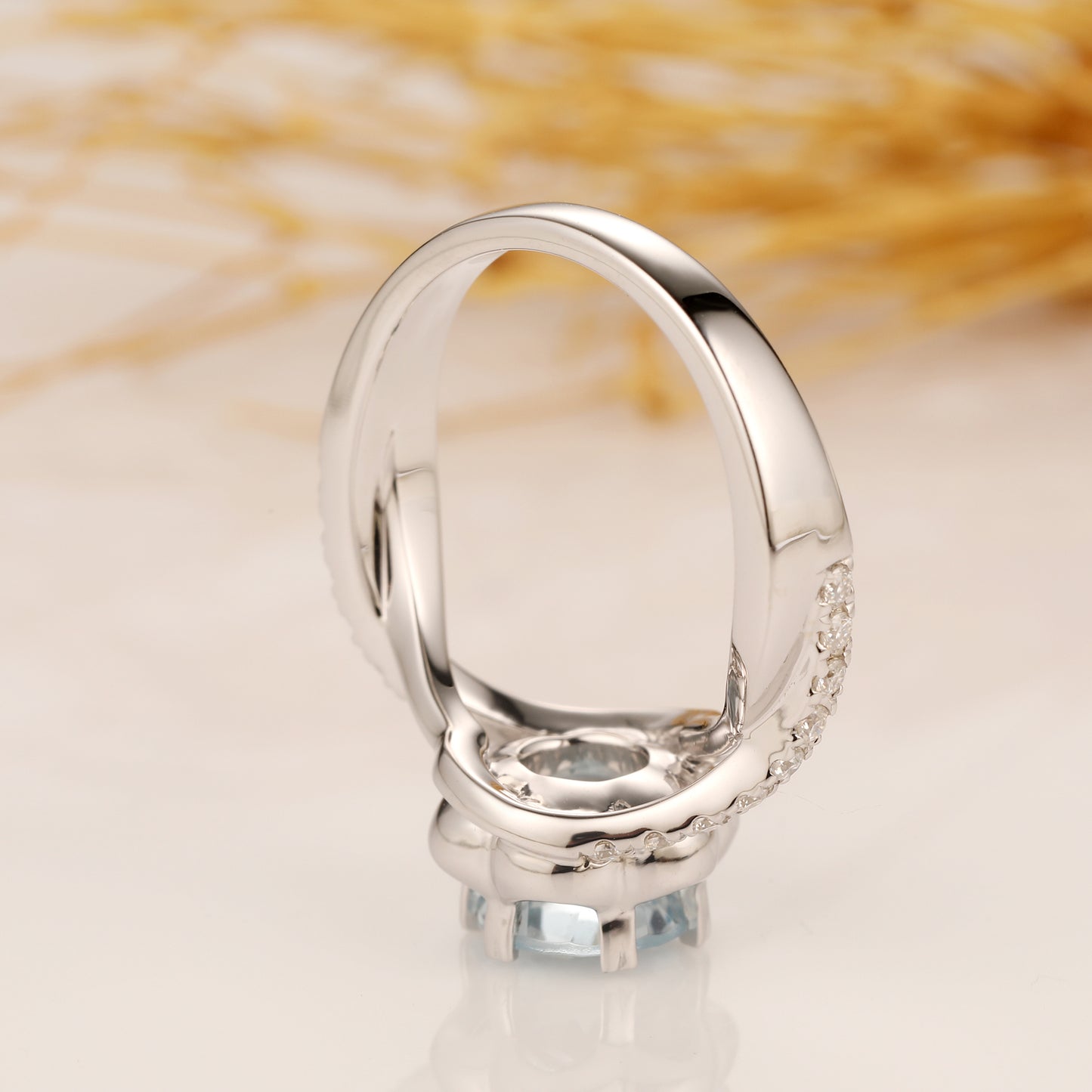 Natural Aquamarine Ring, Floral Round Cut 1CT Aquamarine Ring, Split Shanks Accents 14k White Gold Engagement Ring