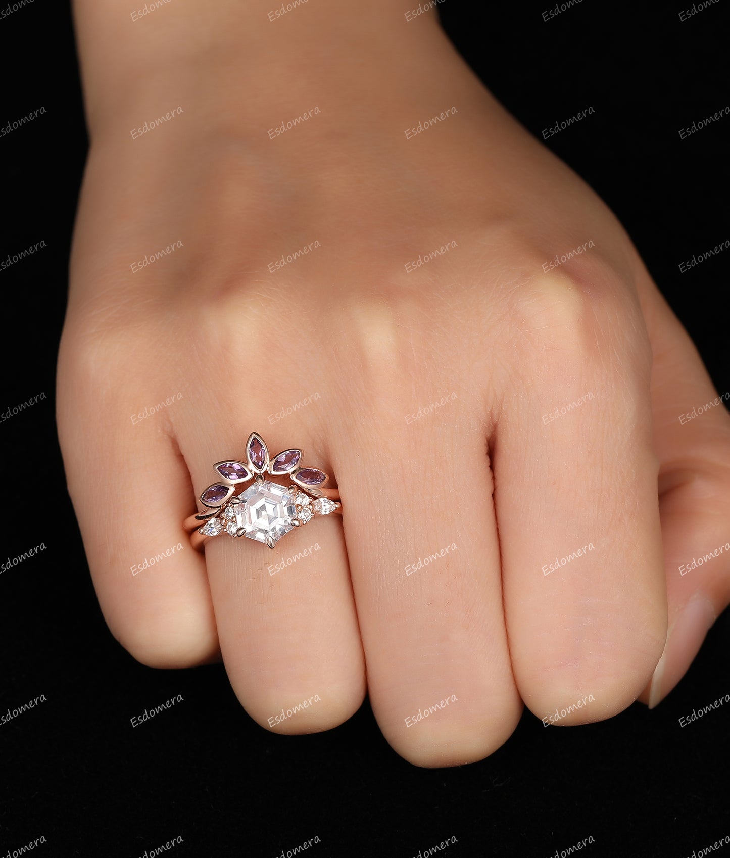 Vintage Hexagon Cut 7mm Moissanite Engagement Ring Set, Natural Amethyst Wedding Band, Rose Gold Ring Set