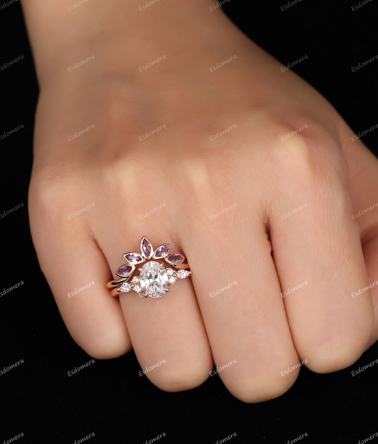 6x8mm Oval Cut Moissanite Engagement Ring Set, Art Deco Wedding Promise Ring, Natural Amethyst Wedding Band, Bridal Ring Set