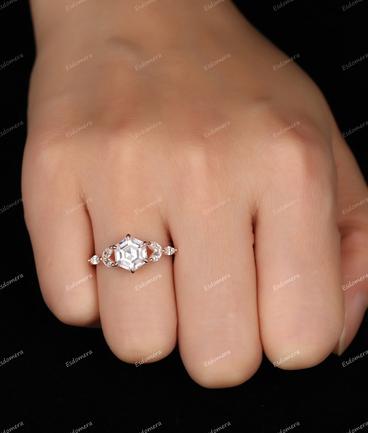 Esdomera 1.35CT Hexagon Moissanite Engagement Ring, 7 Stone Moissanite Ring,14k Rose Gold Cluster Ring, Anniversary Promise Ring For Her