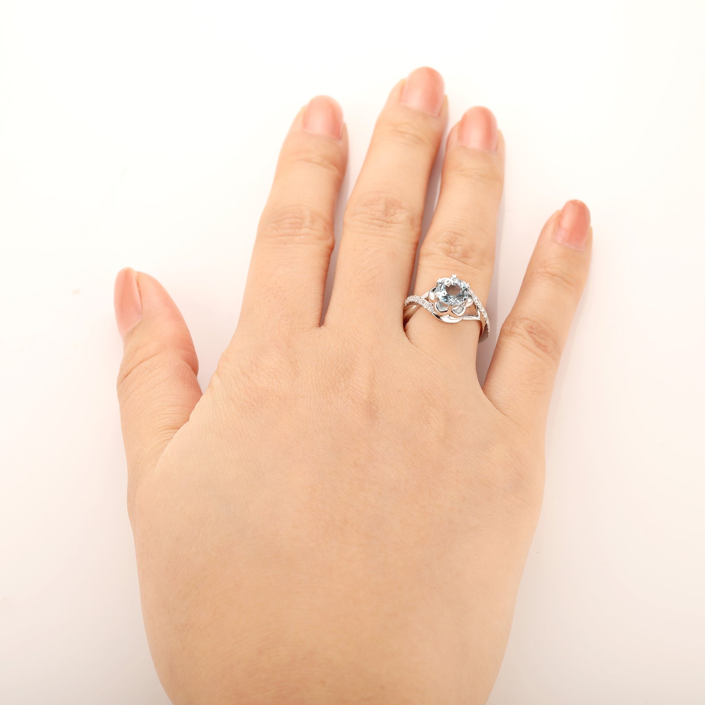 Natural Aquamarine Ring, Floral Round Cut 1CT Aquamarine Ring, Split Shanks Accents 14k White Gold Engagement Ring