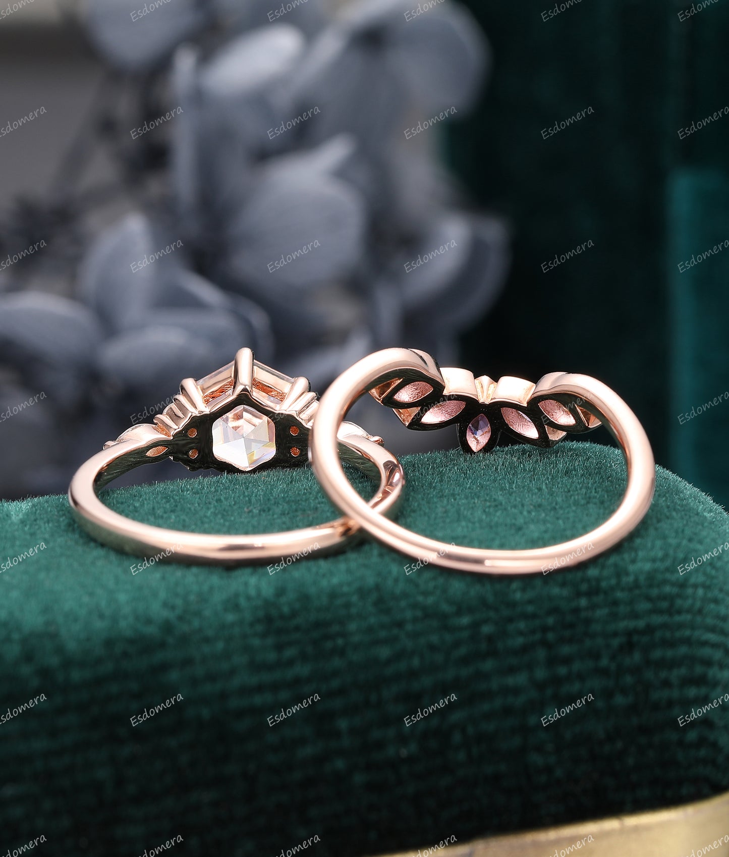 Vintage Hexagon Cut 7mm Moissanite Engagement Ring Set, Natural Amethyst Wedding Band, Rose Gold Ring Set