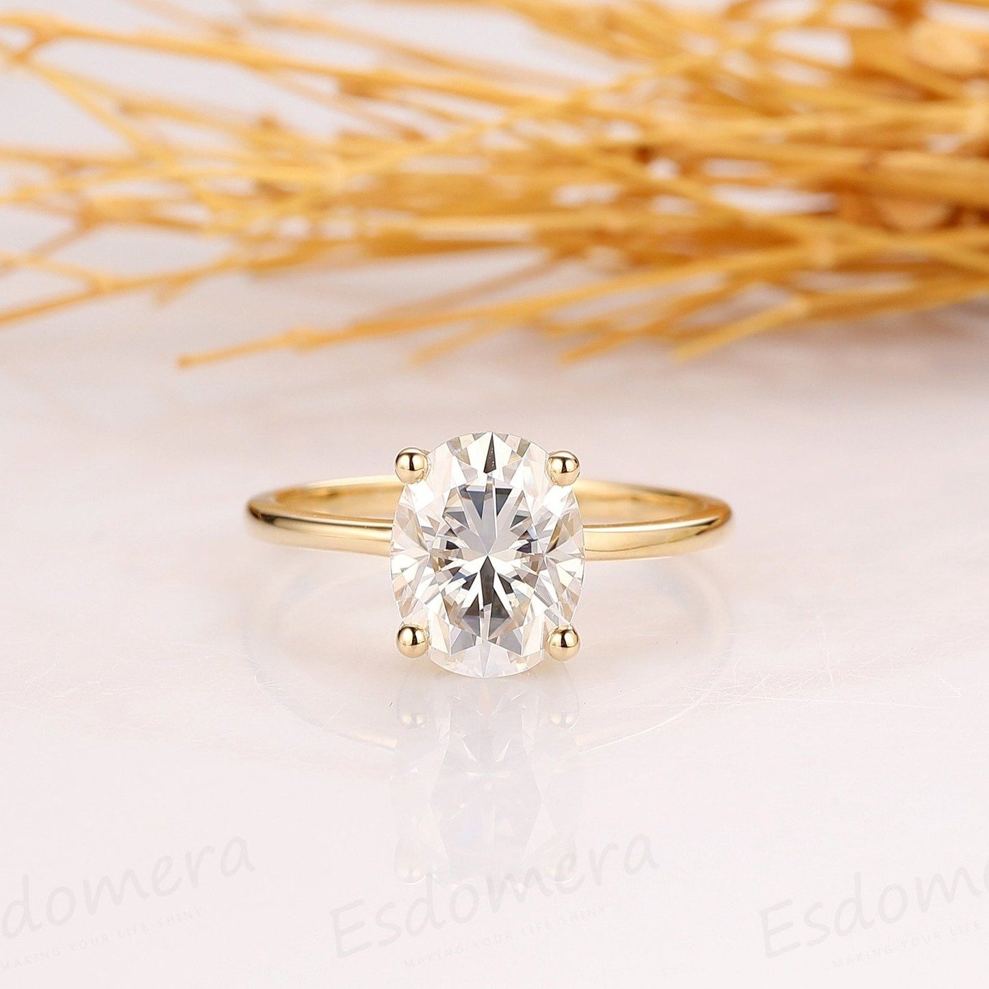 14k Yellow Gold 2CT Oval Cut Moissanite Engagement Ring, Low Profile, Solitaire Ring
