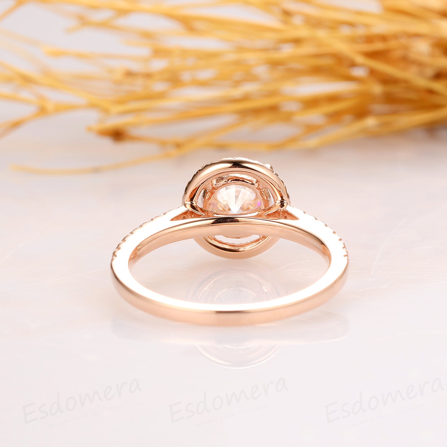Halo Round Cut 6.5mm Moissanite Ring, Accent 14k Rose Gold Engagament Ring
