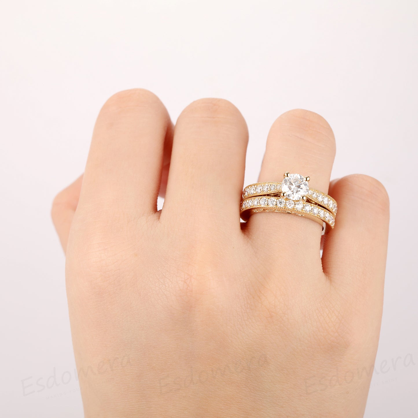 Round Cut 1CT Moissanite Engagement Ring, 14k Yellow Gold Wedding Bridal Set