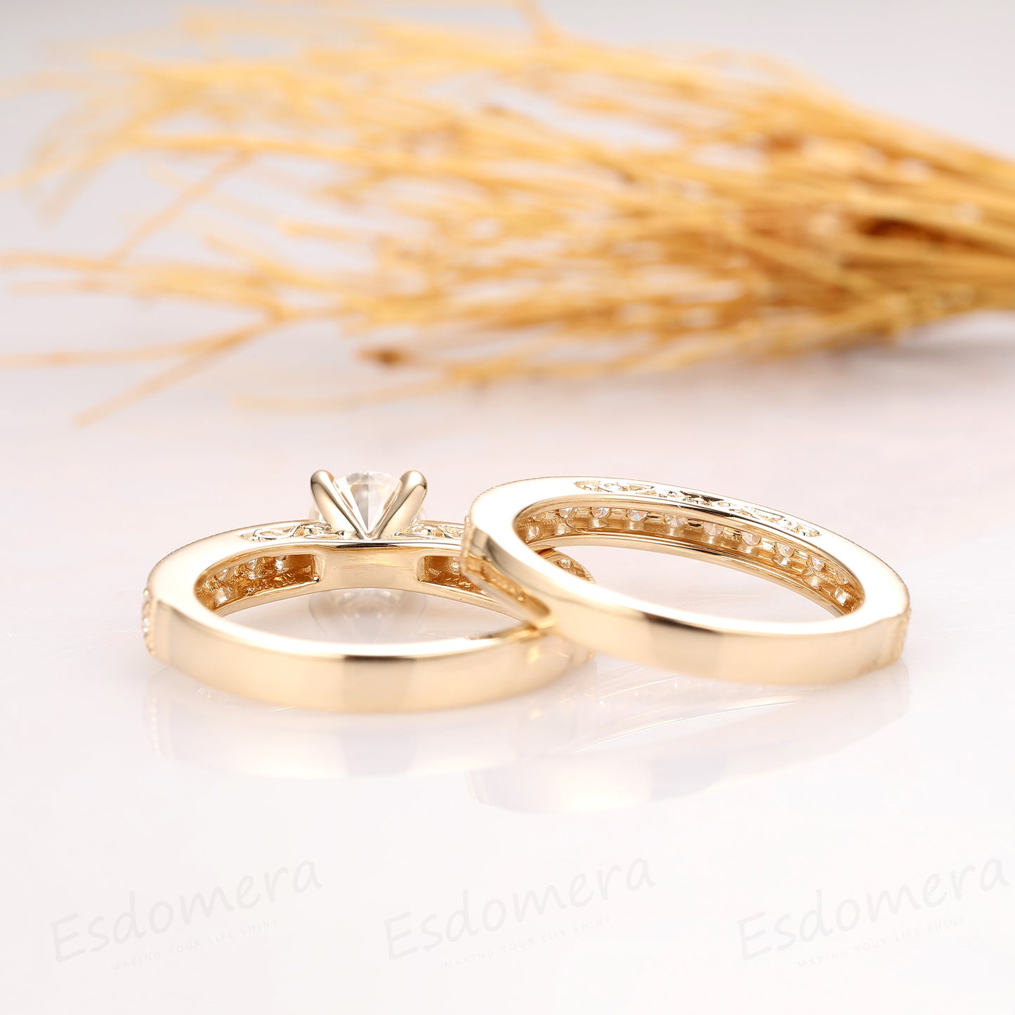 Round Cut 1CT Moissanite Engagement Ring, 14k Yellow Gold Wedding Bridal Set