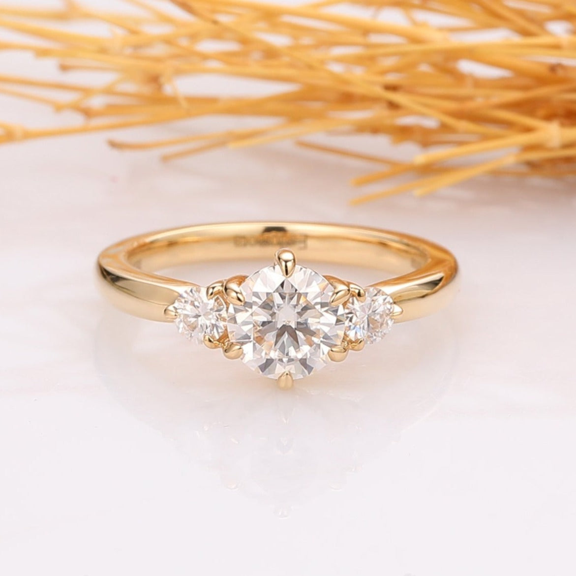 Unique 3 Stone Moissanite Engagement Ring, 14k Yellow Gold Ring