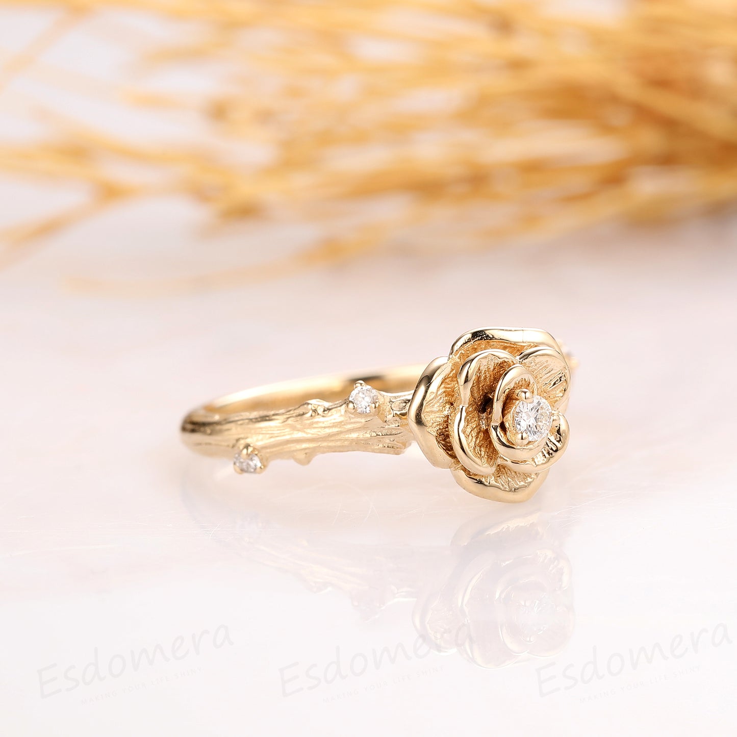 Floral Moissanite Ring, Rose Flower Design Ring, 0.04ctw Moissanite Engagement Ring