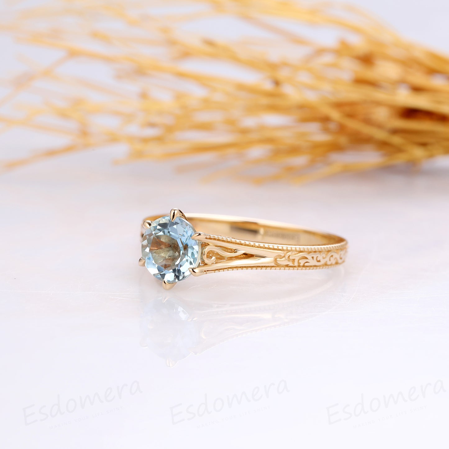 Antique Filigree Aquamarine Ring, Solitaire 6 Prong 1CT Round Cut Aquamarine Wedding Ring 14k Yellow Gold