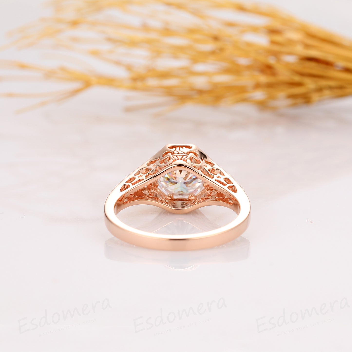 Round Cut 2CT Moissanite Ring, Filigree Ring, Art Deco Engagement Ring