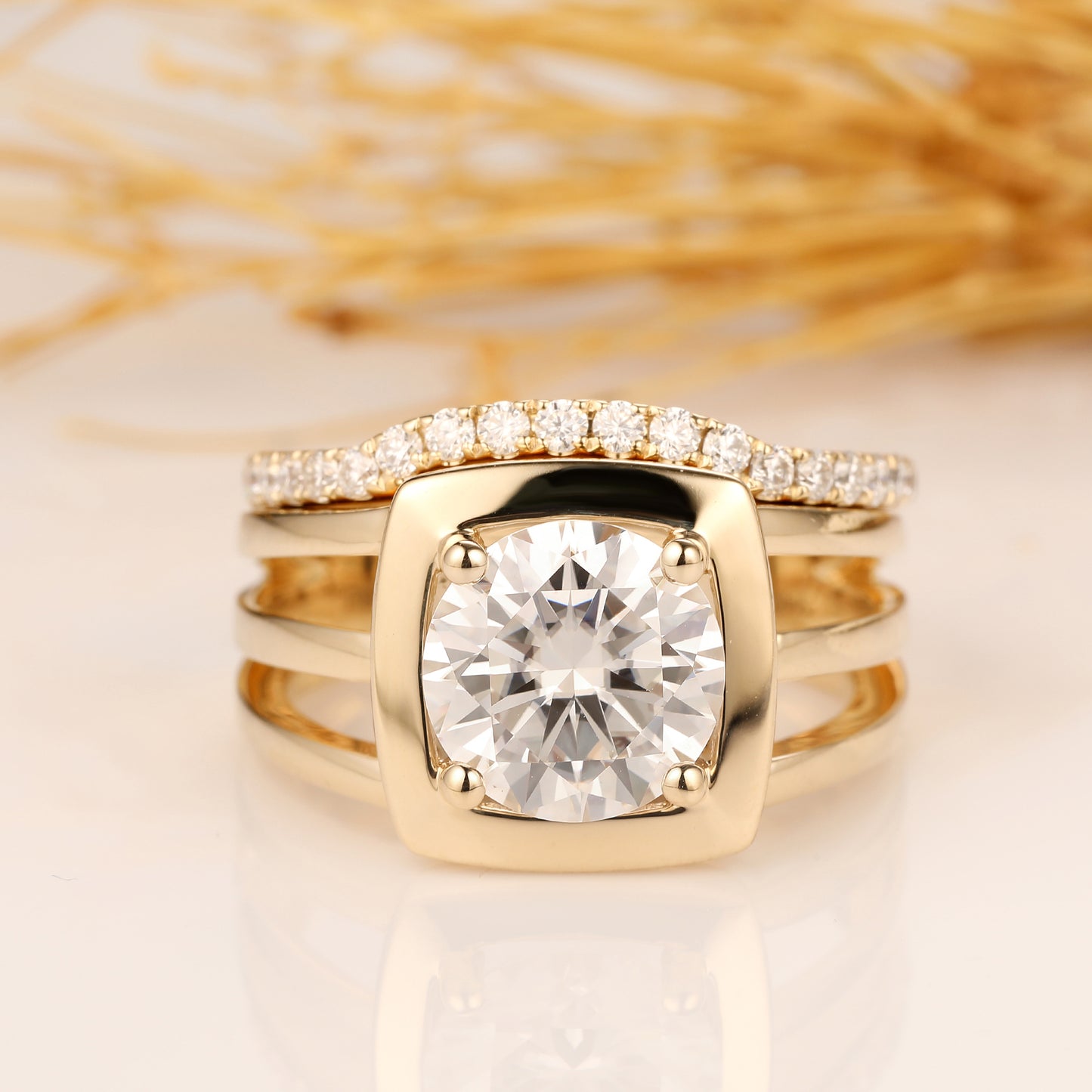 3CT Round Cut Moissanite Engagement Ring, 14k Solid Yellow Gold Bridal Set