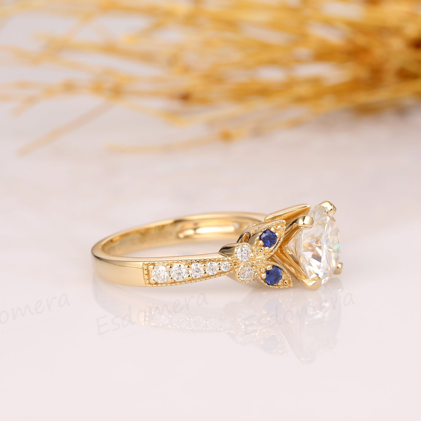 Round 2ct Esdomera Moissanite Ring, Filigree Blue Sapphire Wedding Ring