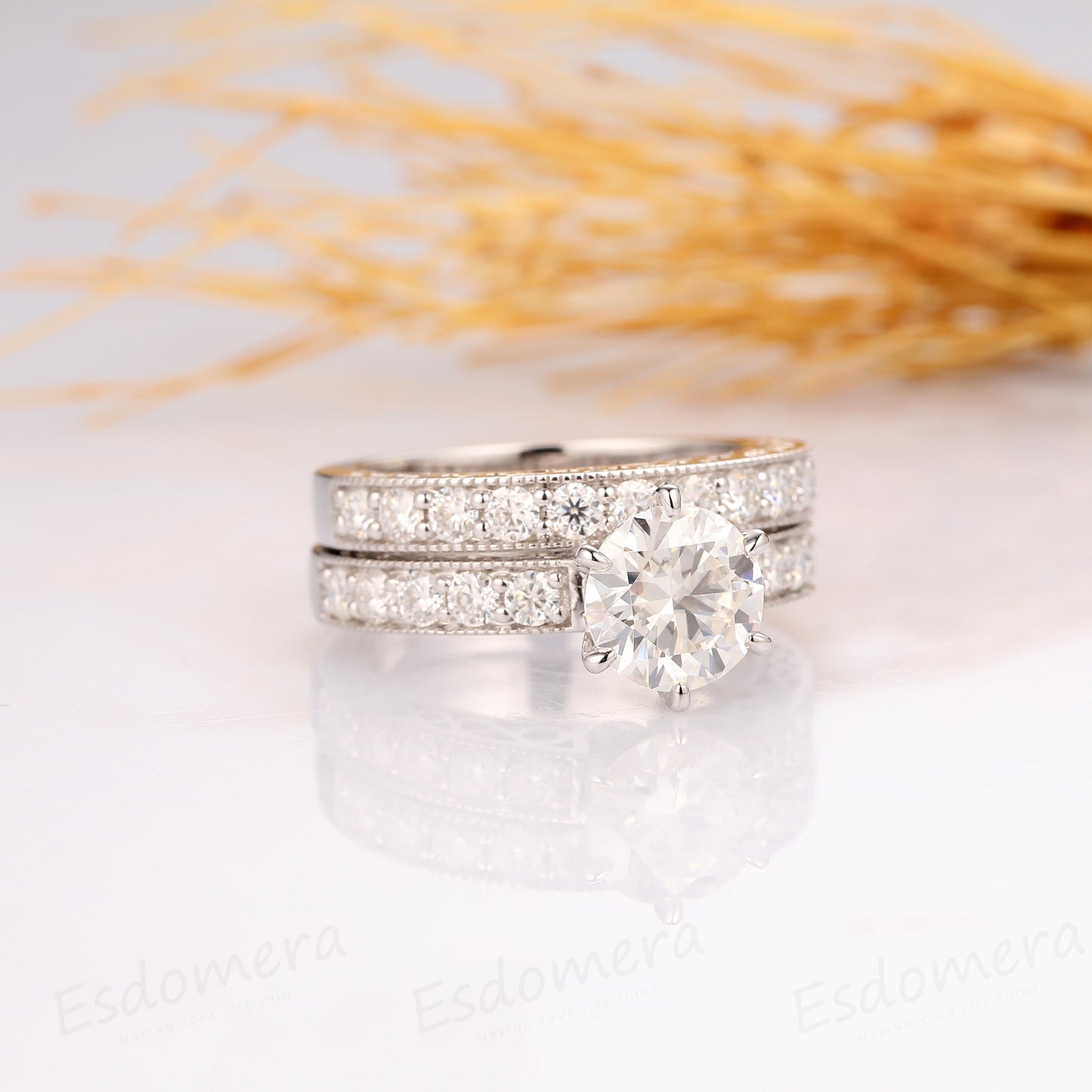 Round 2ct Moissanite Bridal Set, Antique Filigree Ring, 14k White Gold Ring