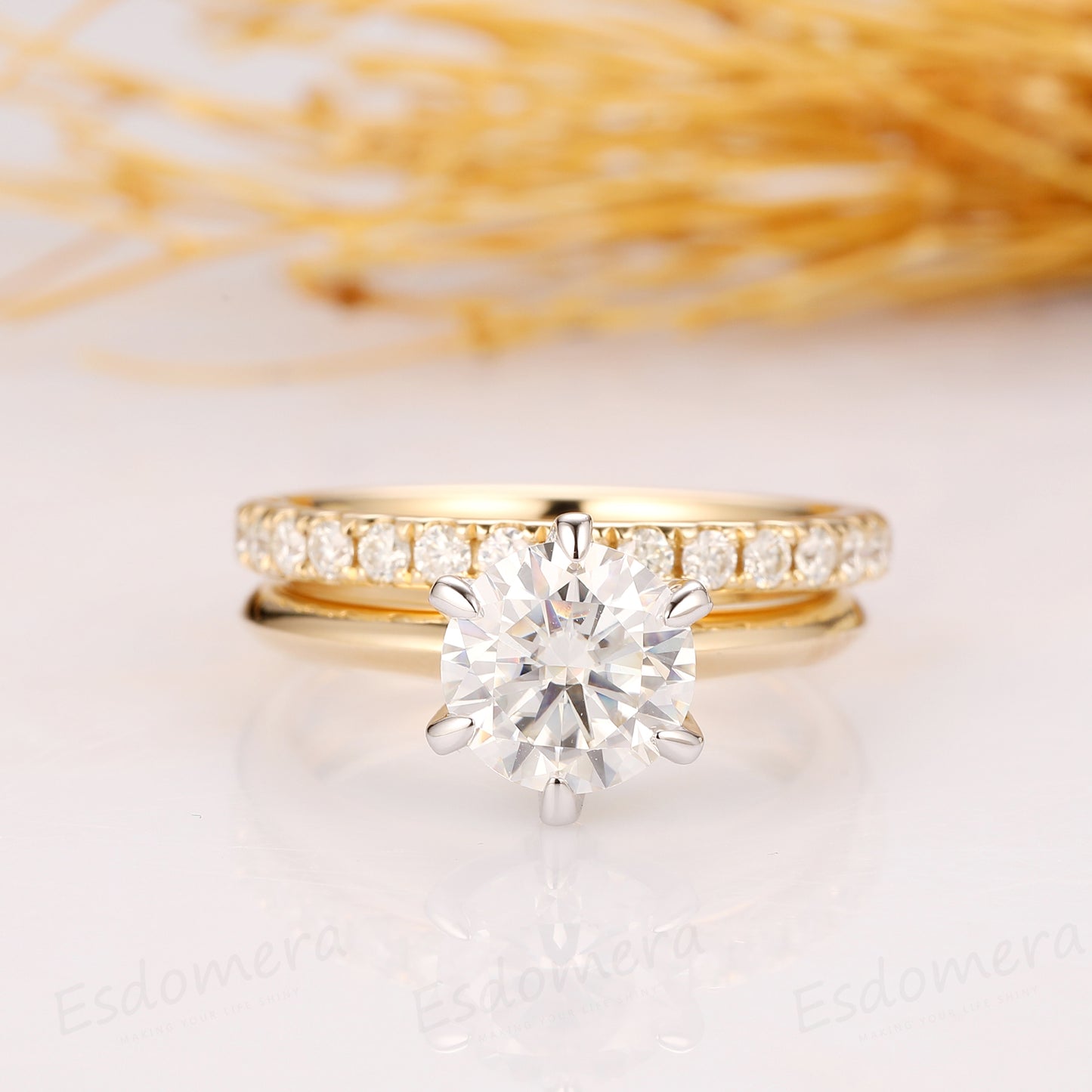 2CT Round Cut Moissanite Ring, Solitaire Engagement Ring, 14k Two Tone Gold Moissanite Ring
