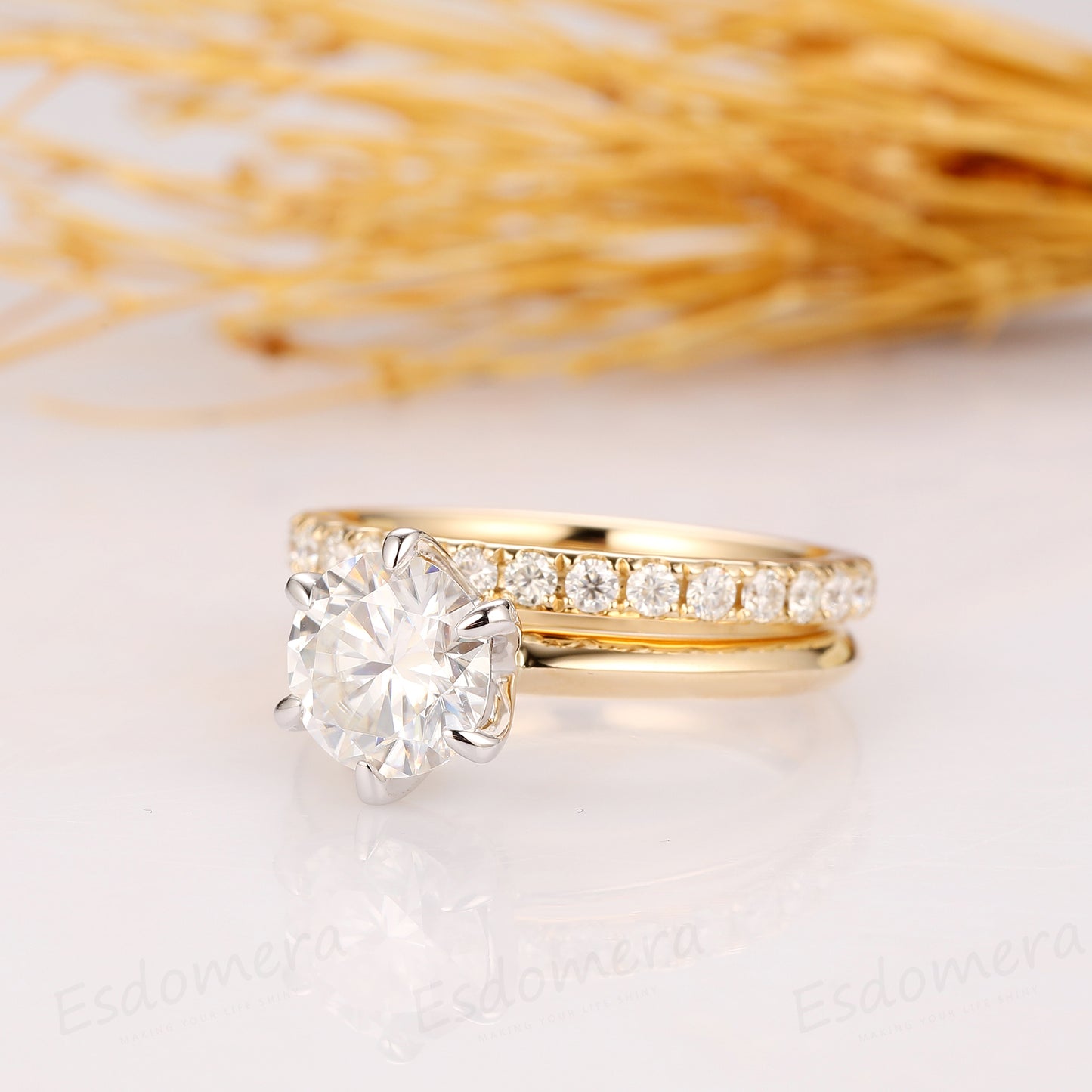 2CT Round Cut Moissanite Ring, Solitaire Engagement Ring, 14k Two Tone Gold Moissanite Ring