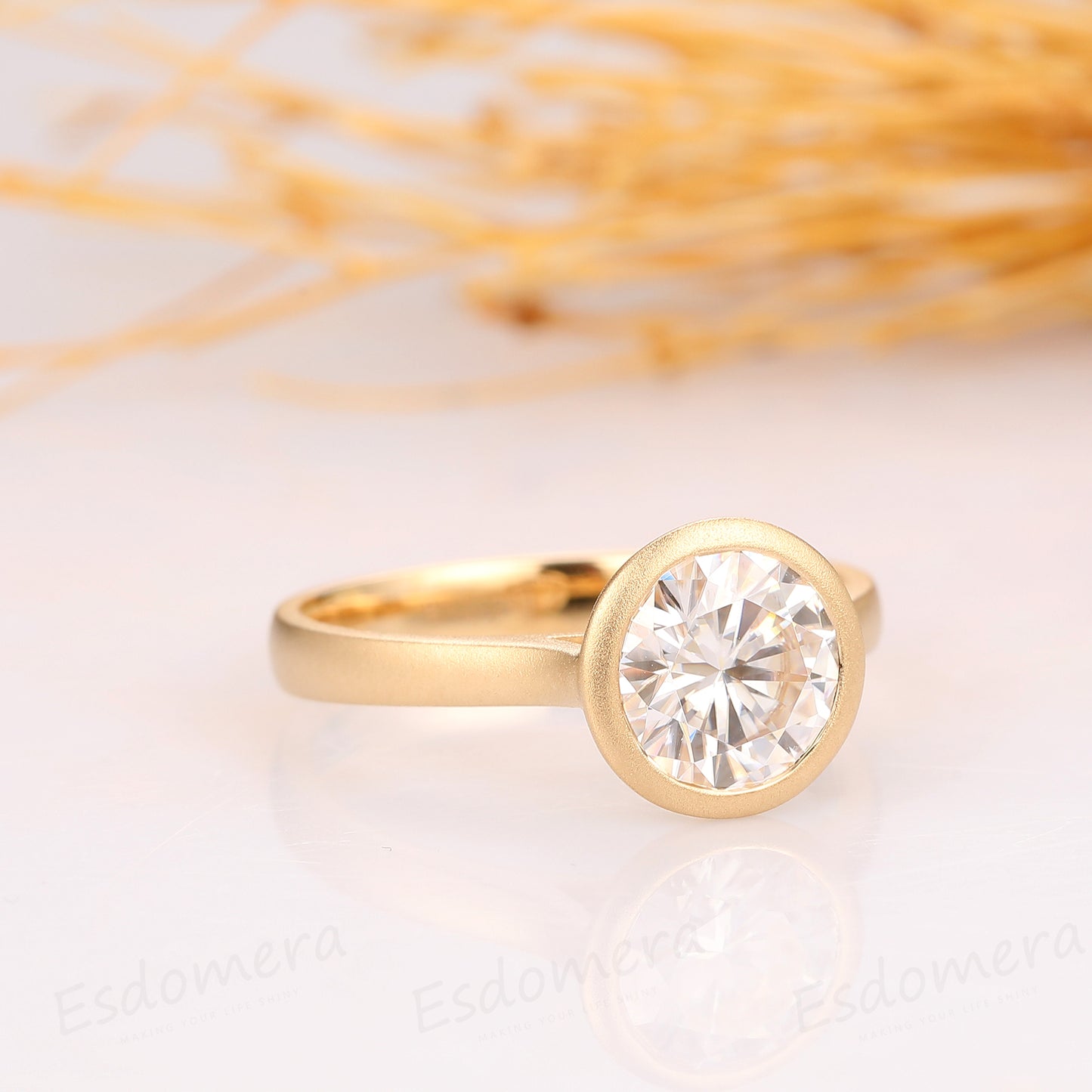 Round Cut 1.5ct Moissanite Ring, Solitaire Bezel Set Ring, 14k Yellow Gold Engagement Ring