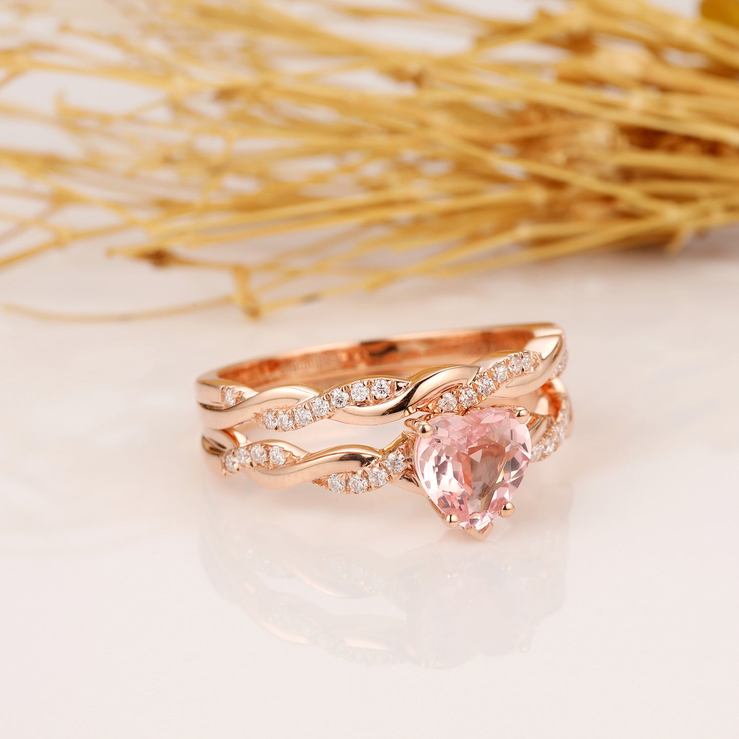 Heart Shape 1ct Center Morganite Bridal Set, Rope Style Accents 14k Rose Gold Engagement Ring