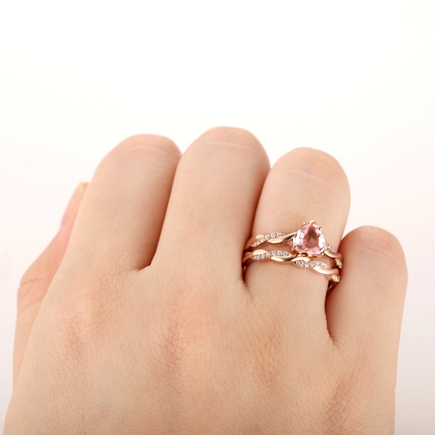 Heart Shape 1ct Center Morganite Bridal Set, Rope Style Accents 14k Rose Gold Engagement Ring