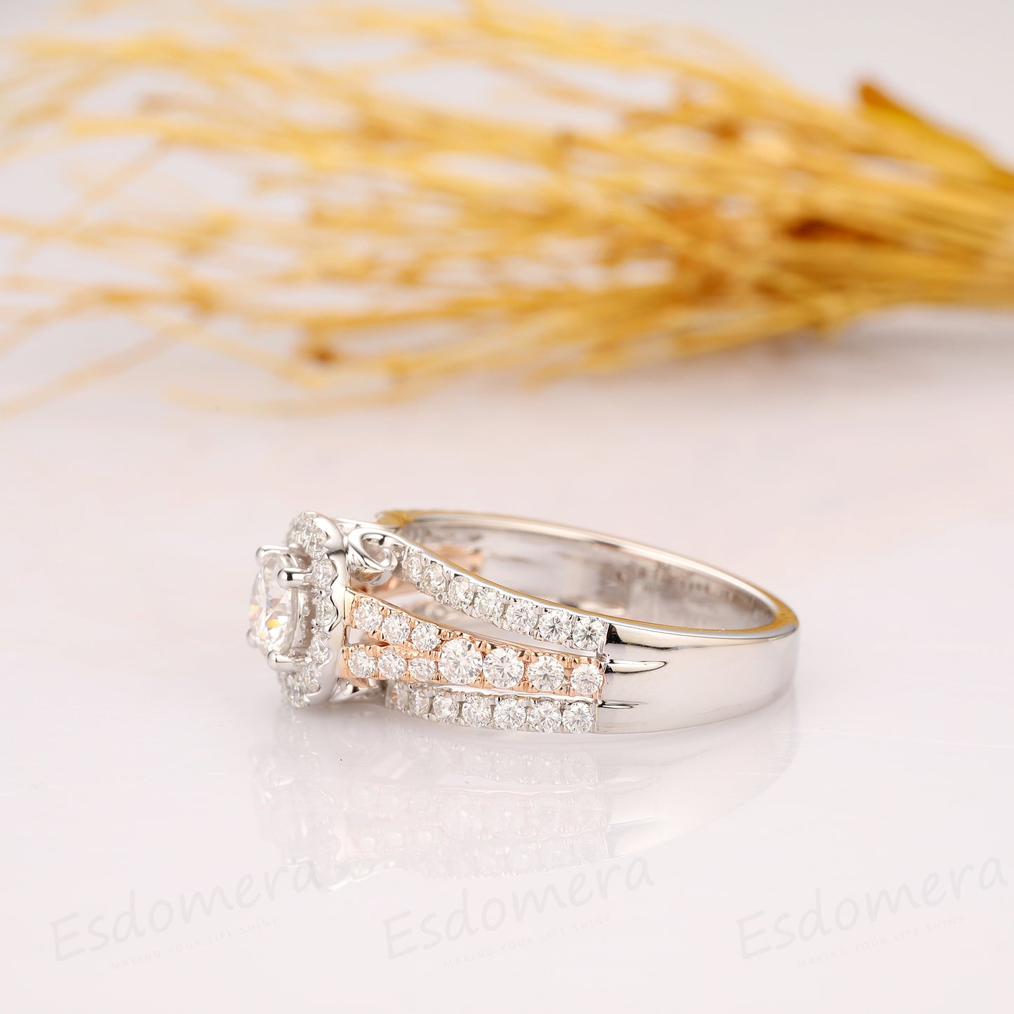 Round Cut 0.6CT Moissanite Engagement Ring, 14k Two Tone Gold Wedding Ring