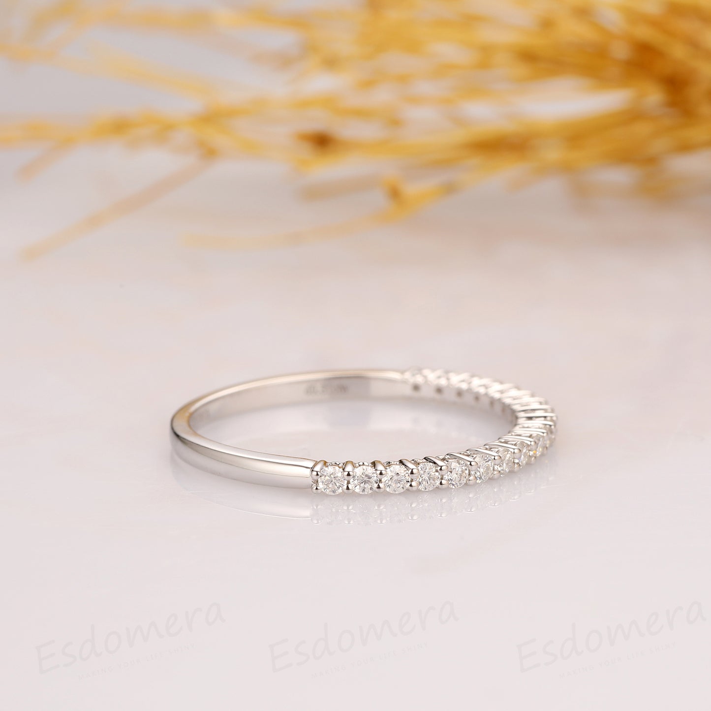 Half Eternity Wedding Band, 14k White Gold Wedding Moissanite Ring